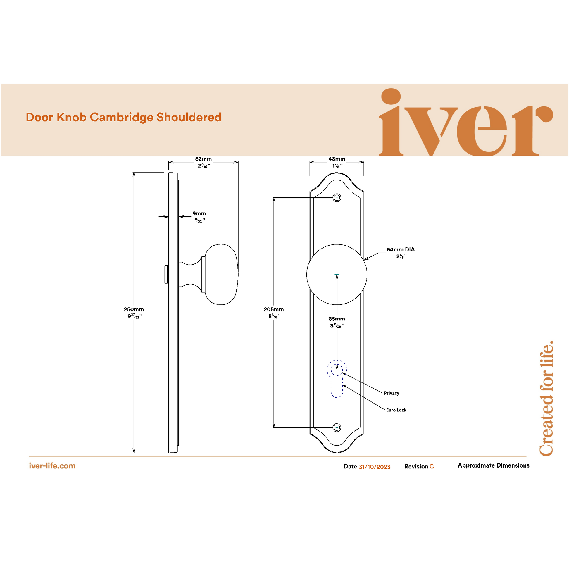 Iver Door Knob Cambridge Shouldered Euro Key/Thumb Satin Nickel Entrance Kit