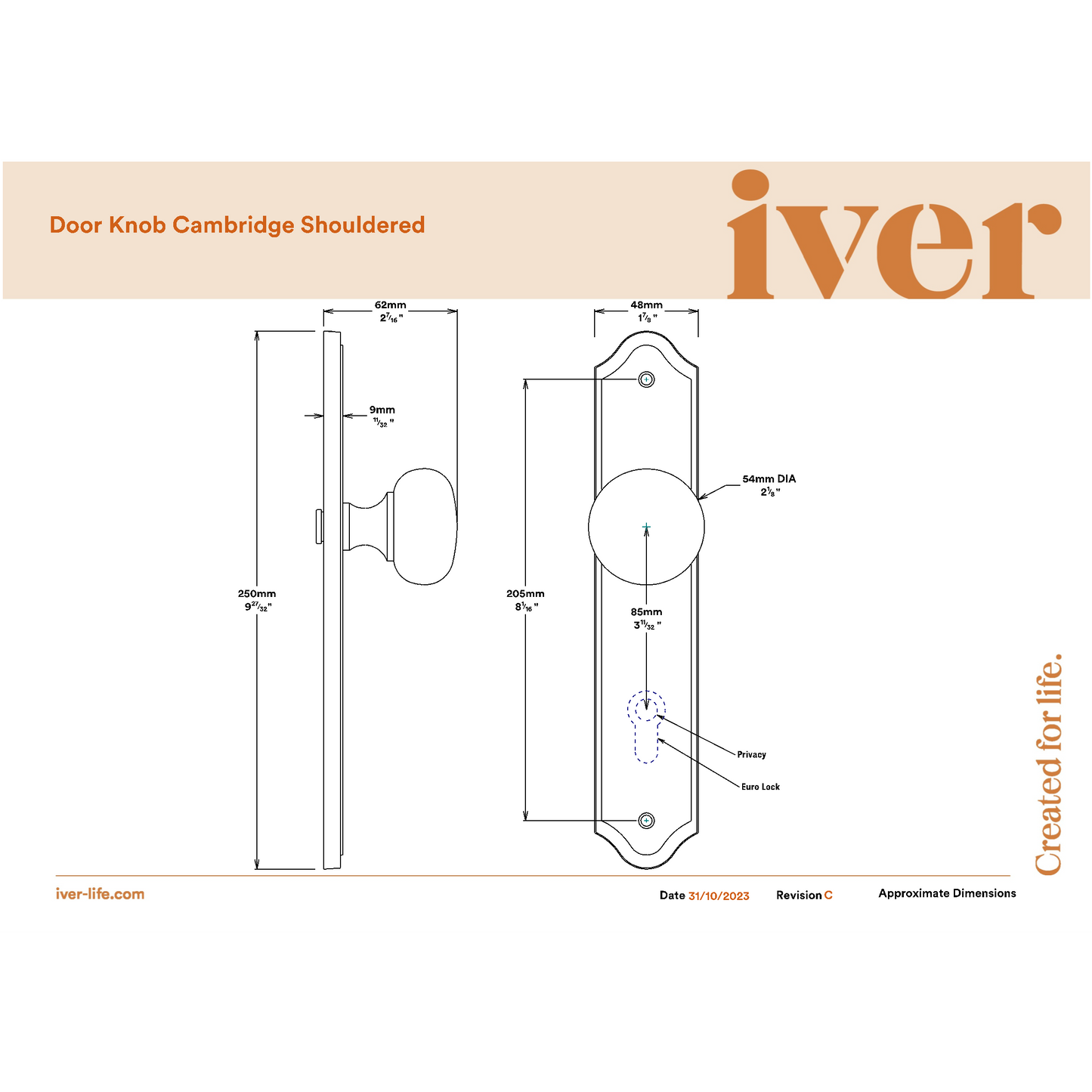 Iver Door Knob Cambridge Shouldered Privacy Polished Brass Inbuilt Privacy Kit
