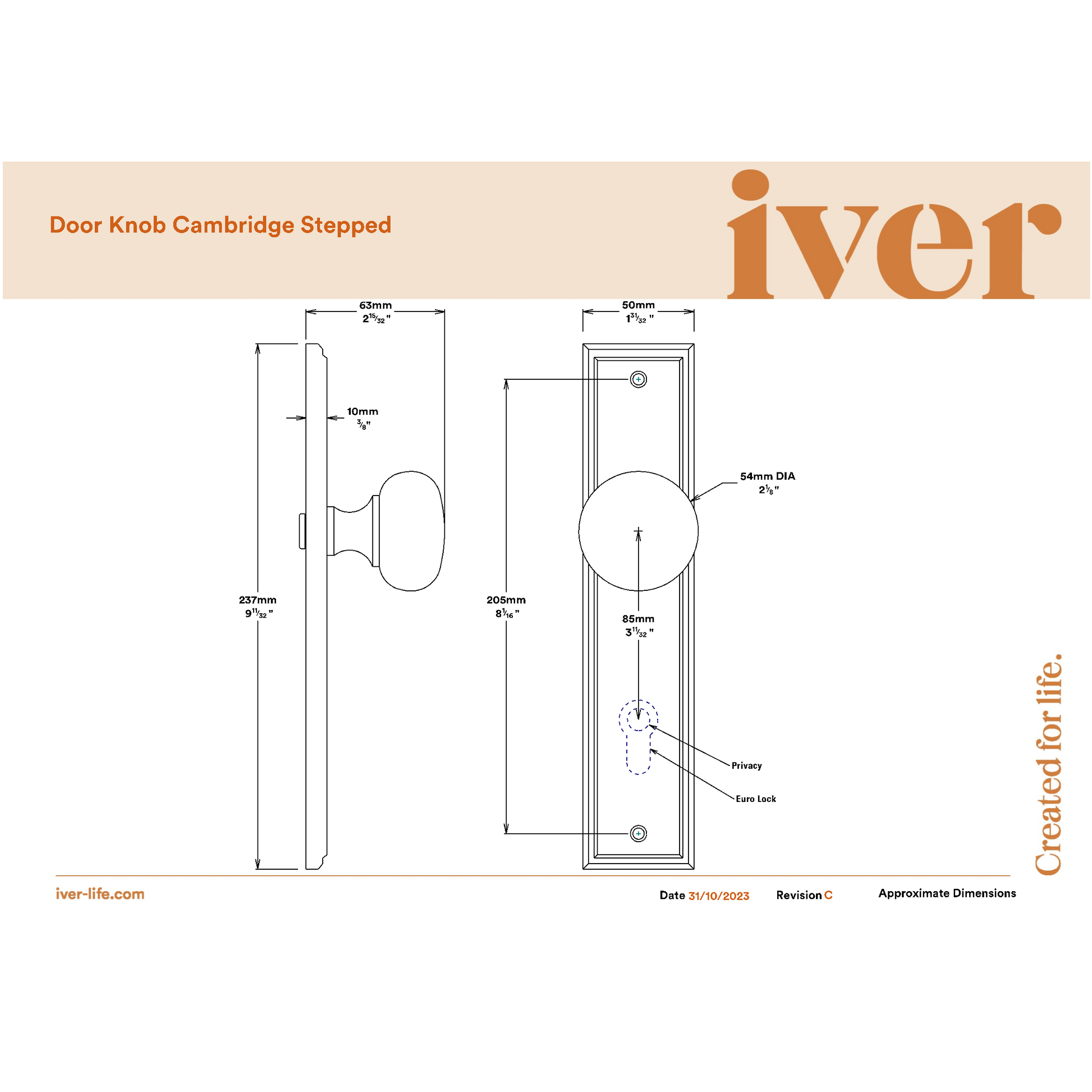 Iver Door Knob Cambridge Stepped Euro Pair Polished Brass
