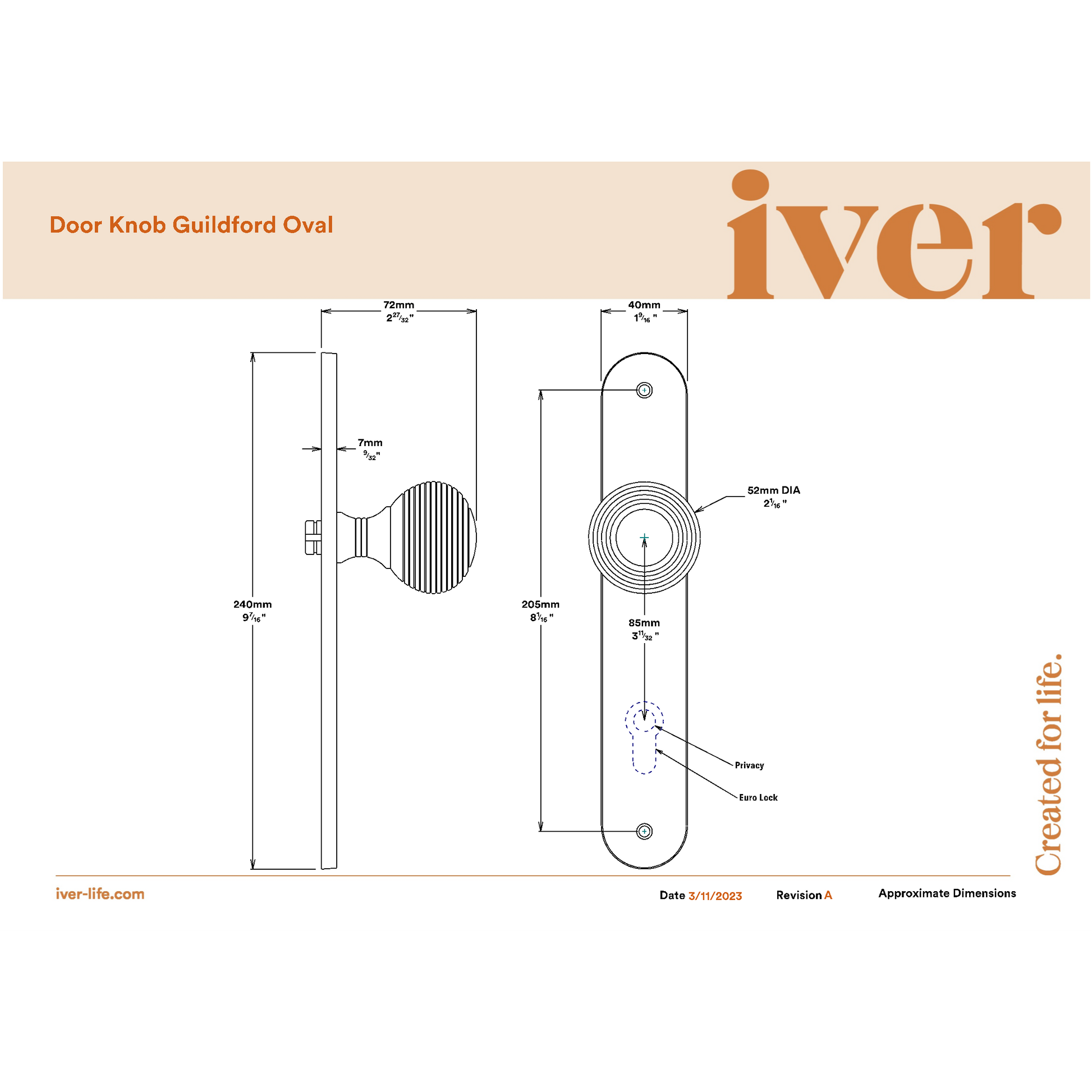 Iver Door Knob Guildford Oval Euro Key/Key Brushed Chrome Entrance Kit