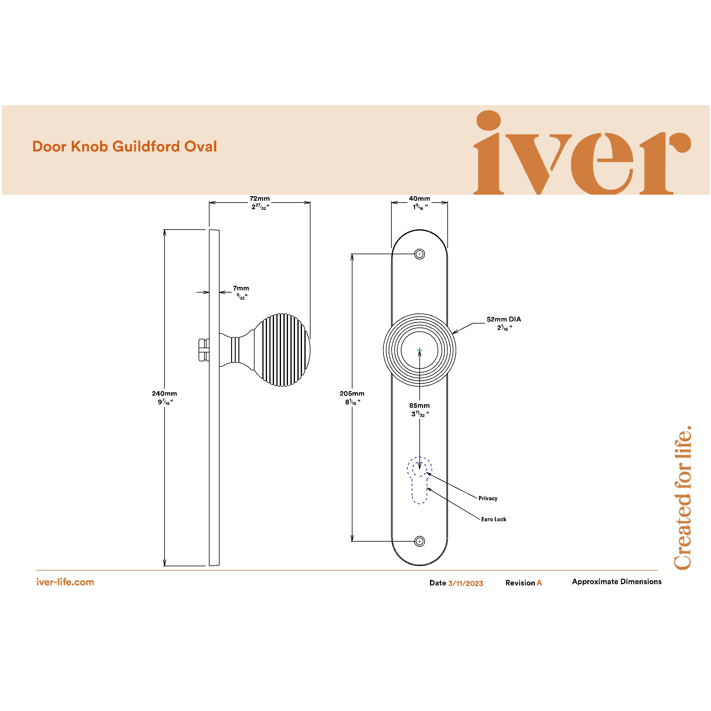 Iver Door Knob Guildford Oval Latch Pair Signature Brass
