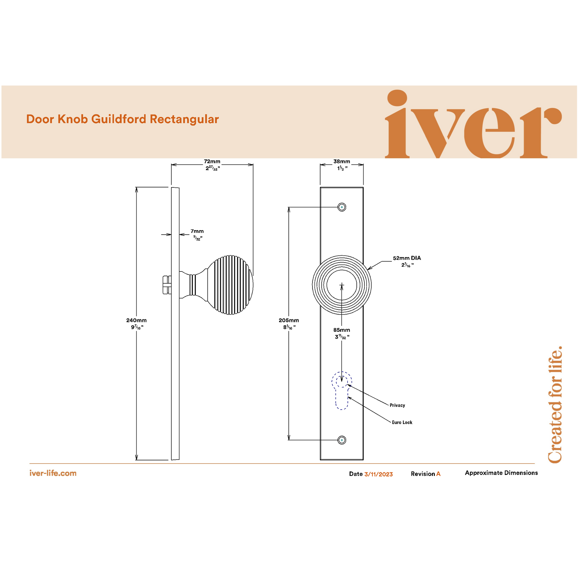 Iver Door Knob Guildford Rectangular Euro Key/Key Brushed Chrome Entrance Kit