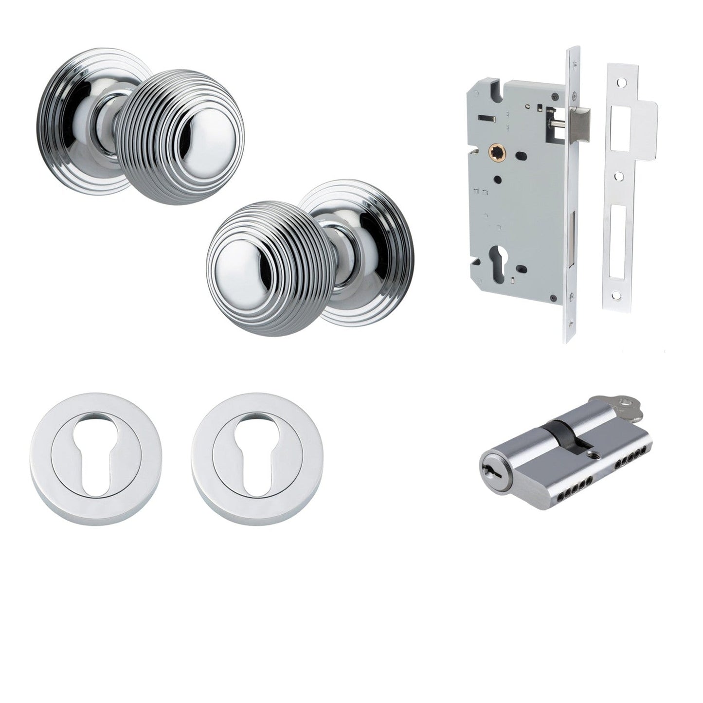 Iver Door Knob Guildford Round Rose Concealed Fix Key/Key Polished Chrome Entrance Kit