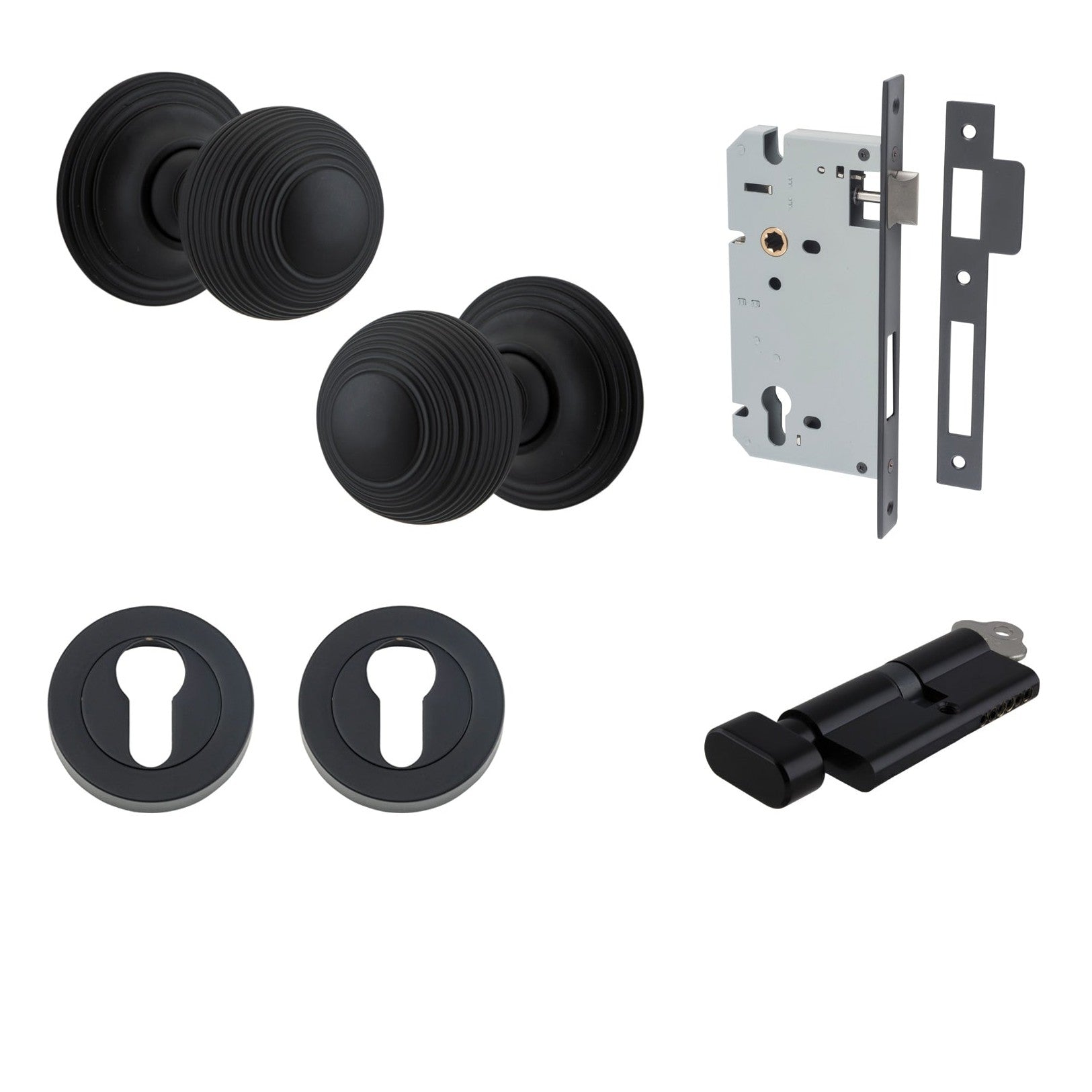 Iver Door Knob Guildford Round Rose Concealed Fix Key/Thumb Matt Black Entrance Kit