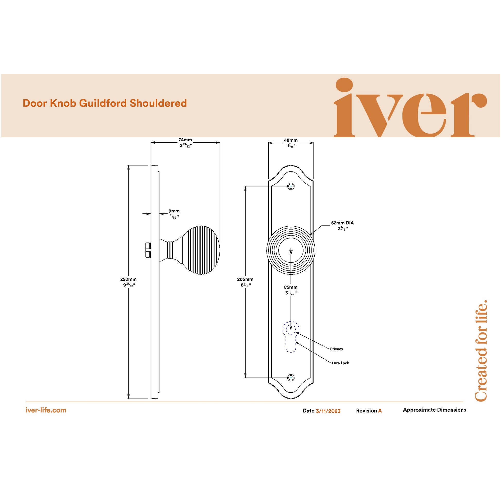 Iver Door Knob Guildford Shouldered Euro Key/Key Brushed Chrome Entrance Kit