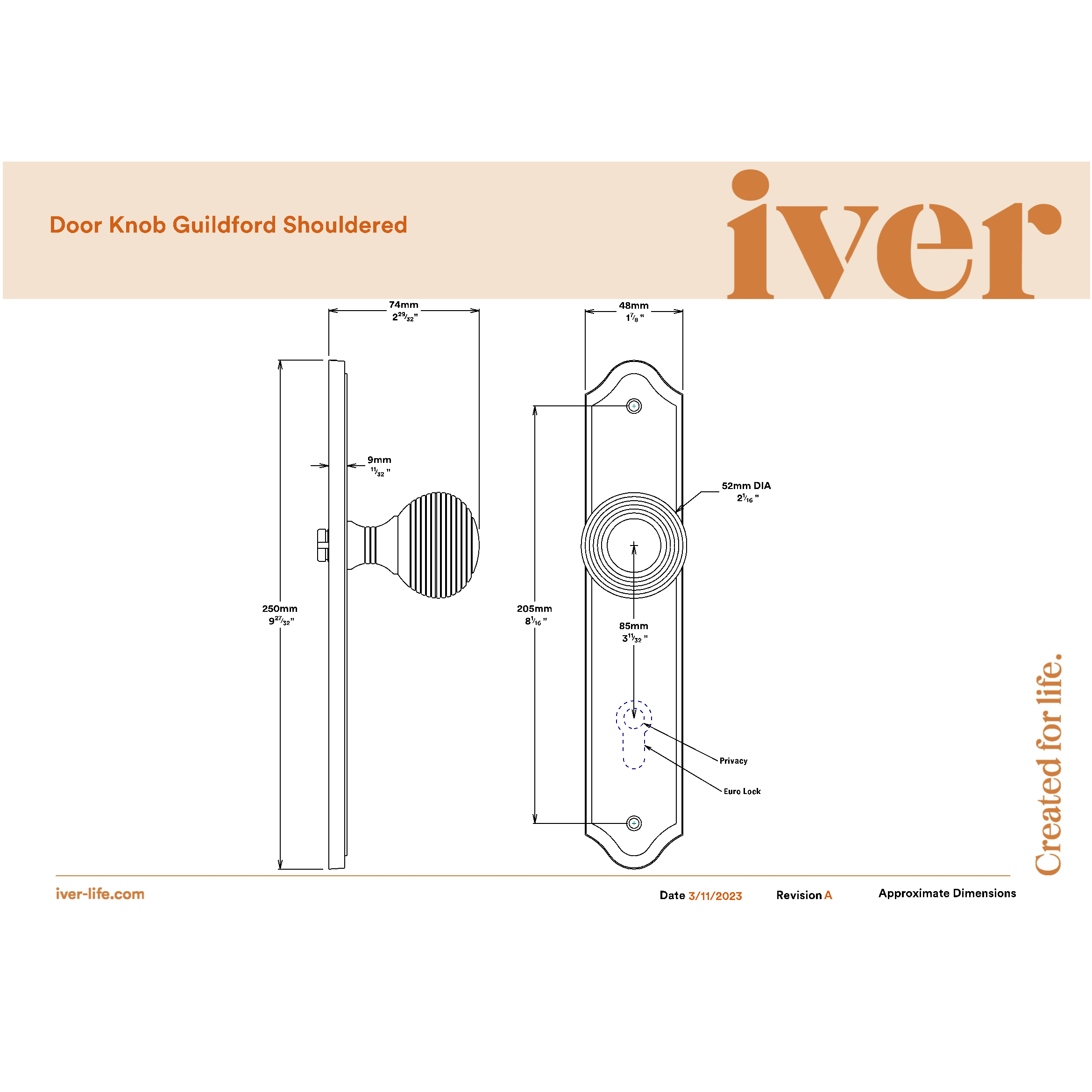 Iver Door Knob Guildford Shouldered Latch Pair Signature Brass