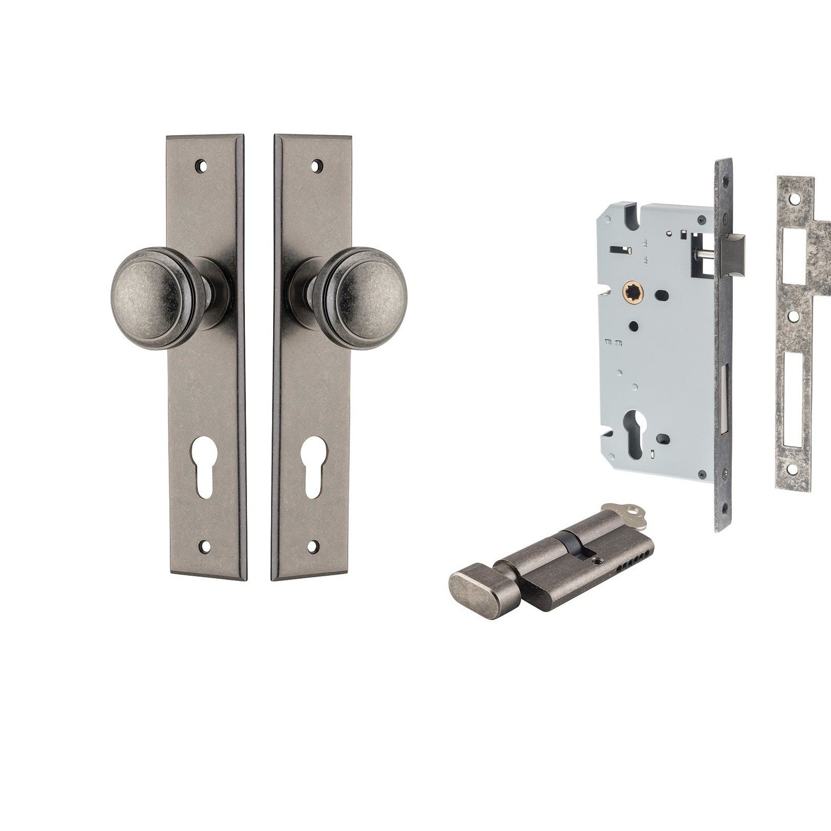 Iver Door Knob Paddington Chamfered Key/Thumb Distressed Nickel Entrance Kit
