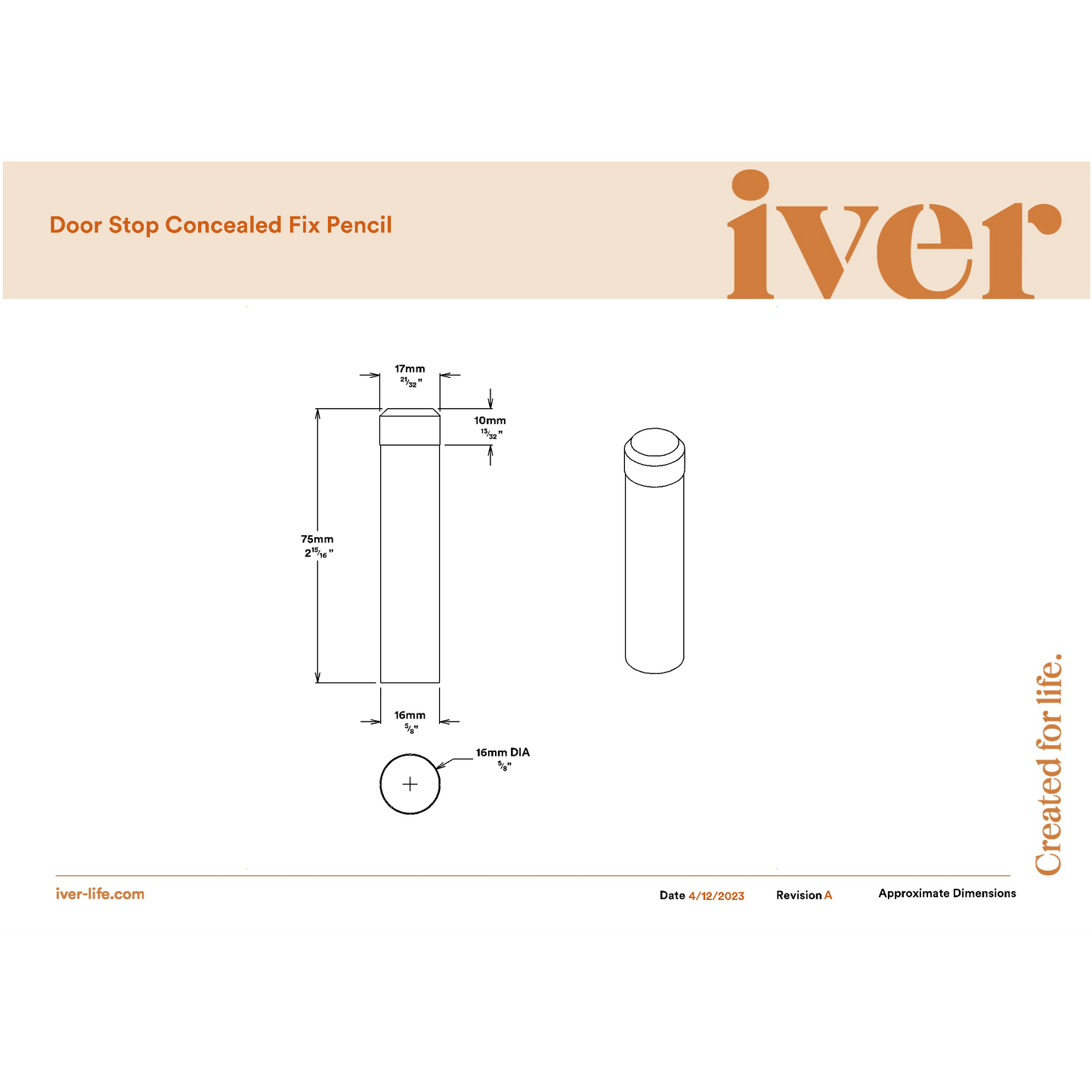 Iver Door Stop Concealed Fix Pencil Brushed Chrome D16xP75mm