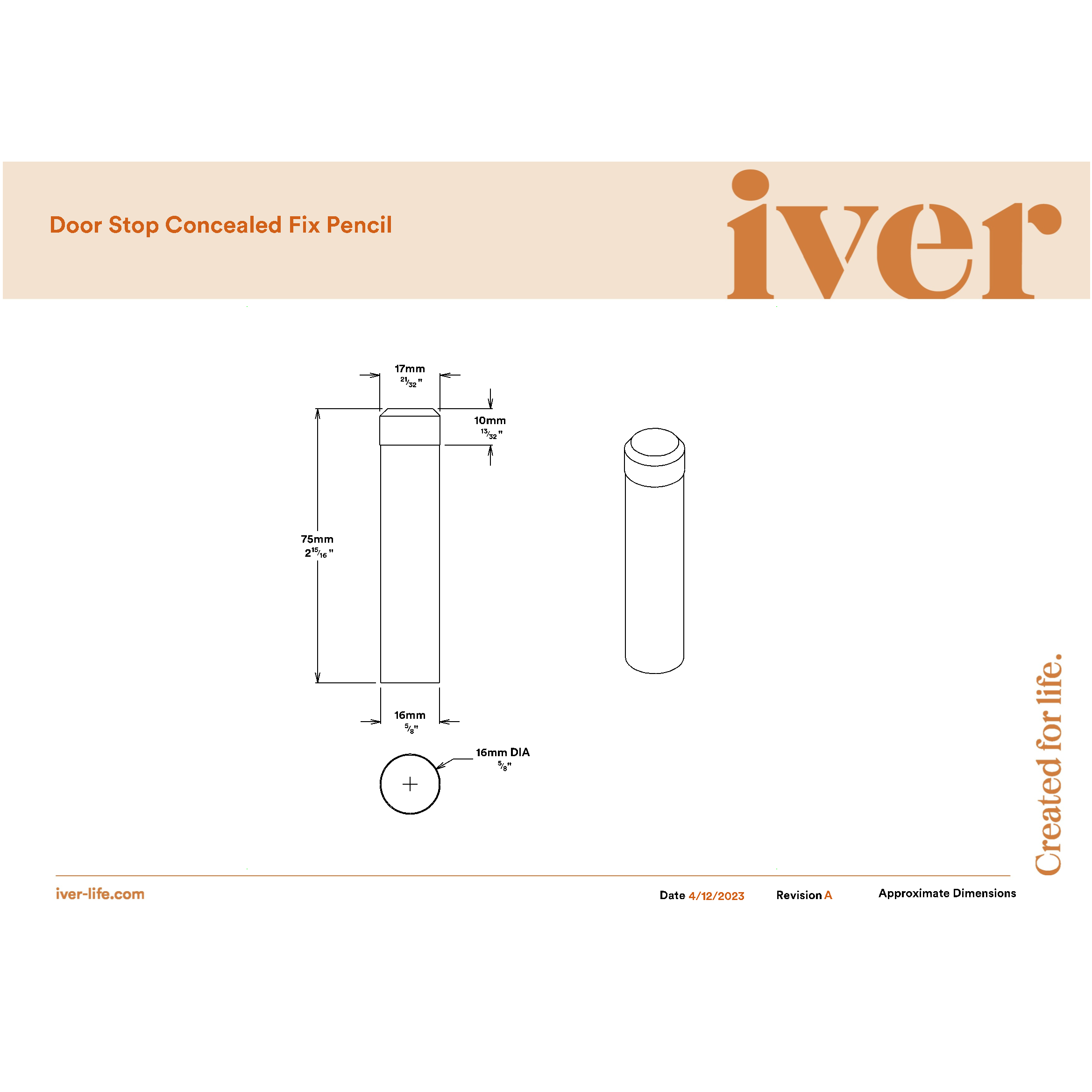 Iver Door Stop Concealed Fix Pencil Polished Chrome D16xP75mm