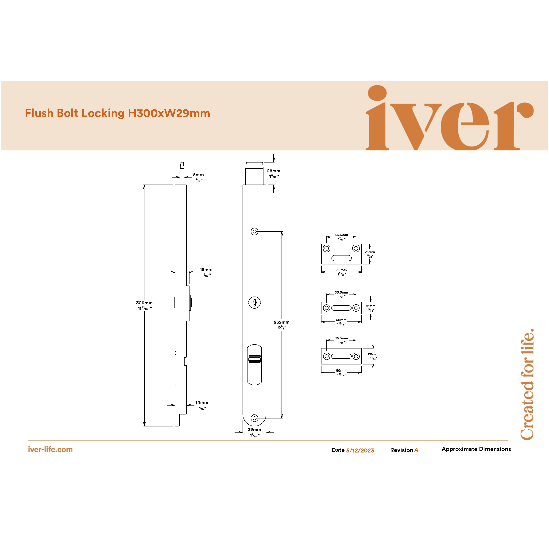 Iver Flush Bolt Locking Brushed Chrome H300mm