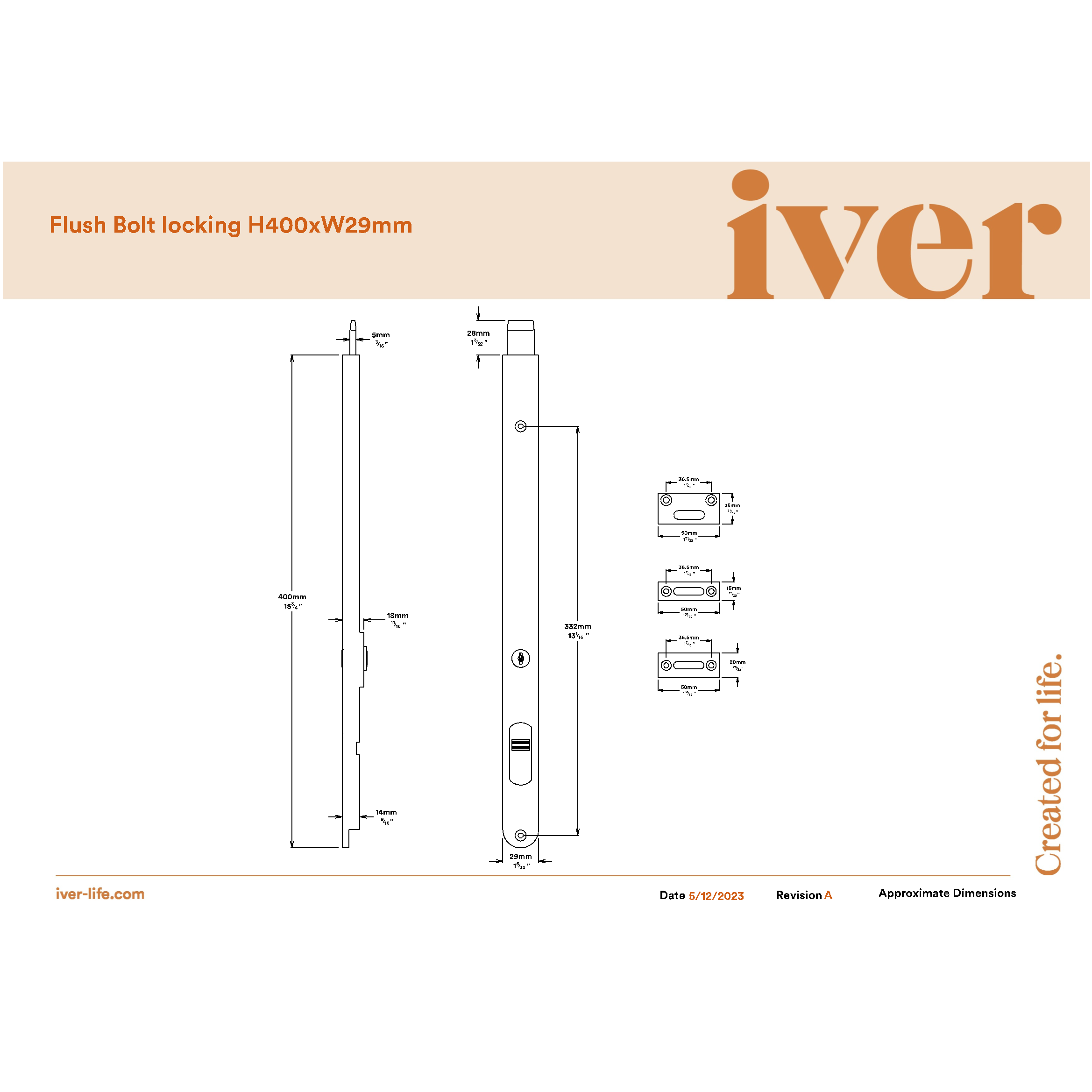 Iver Flush Bolt Locking Brushed Chrome H400mm