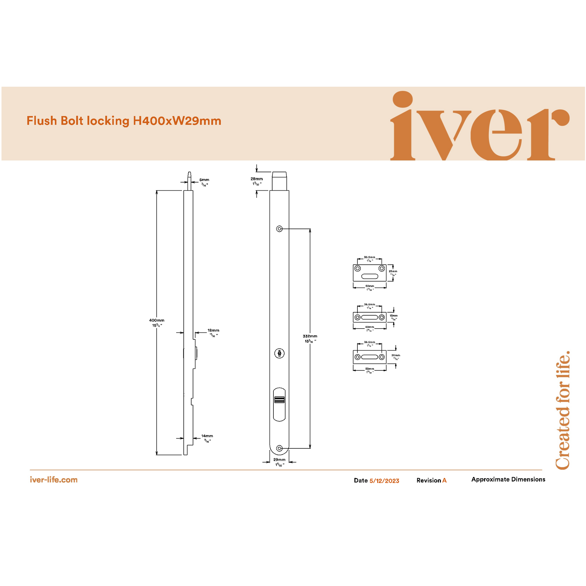 Iver Flush Bolt Locking Signature Brass H400mm