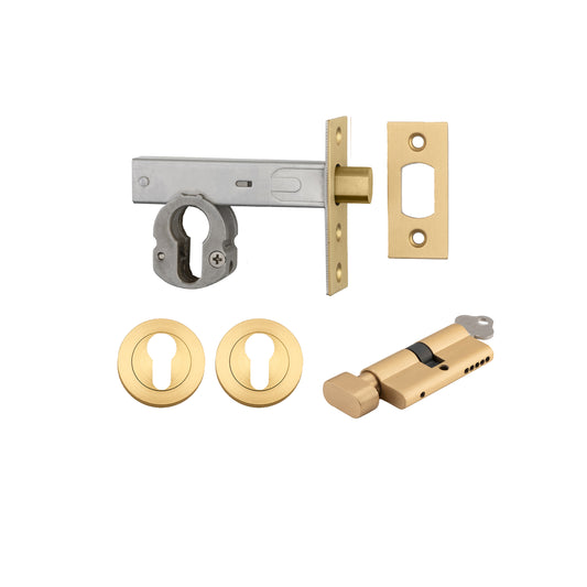Iver Mortice Deadbolt Euro Brushed Brass Backset 70mm Key/Thumb Escutcheon Round Kit