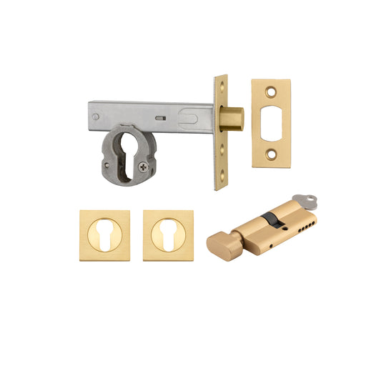 Iver Mortice Deadbolt Euro Brushed Brass Backset 70mm Key/Thumb Escutcheon Square Kit