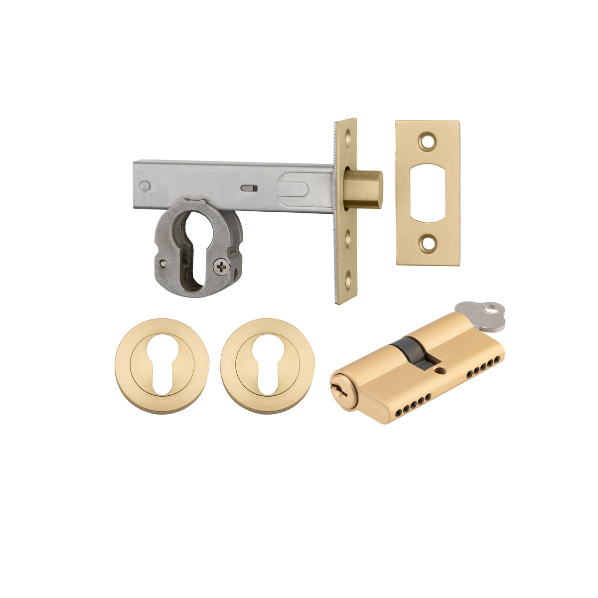 Iver Mortice Deadbolt Euro Brushed Gold PVD Backset 70mm Key/Key Escutcheon Round Kit