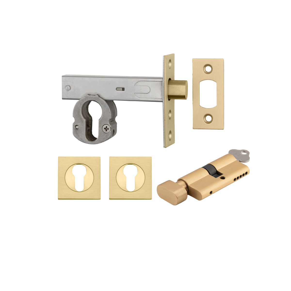 Iver Mortice Deadbolt Euro Brushed Gold PVD Backset 70mm Key/Thumb Escutcheon Square Kit