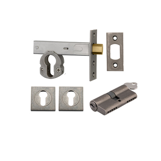 Iver Mortice Deadbolt Euro Distressed Nickel Backset 70mm Key/Key Escutcheon Square Kit