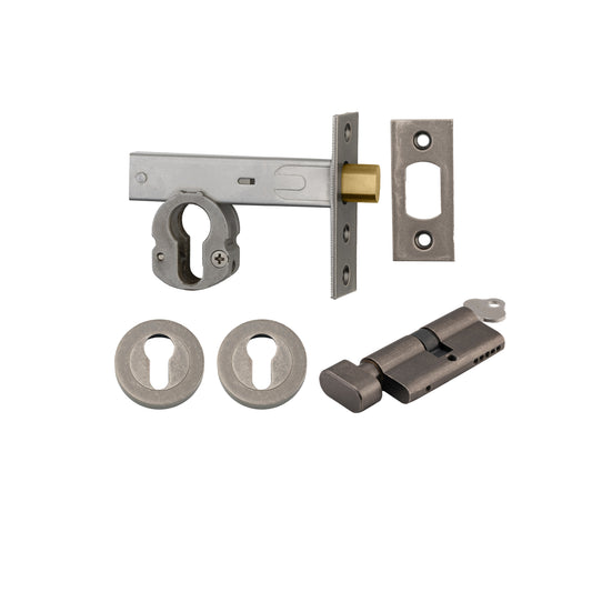 Iver Mortice Deadbolt Euro Distressed Nickel Backset 70mm Key/Thumb Escutcheon Round Kit