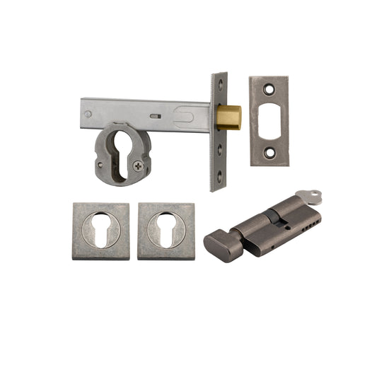 Iver Mortice Deadbolt Euro Distressed Nickel Backset 70mm Key/Thumb Escutcheon Square Kit