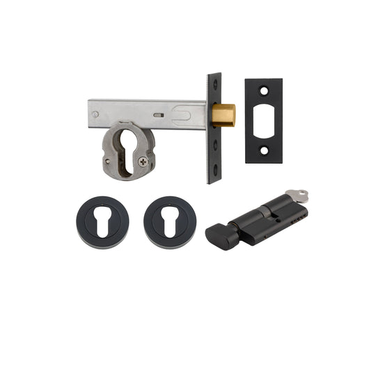 Iver Mortice Deadbolt Euro Matt Black Backset 60mm Key/Thumb Escutcheon Round Kit