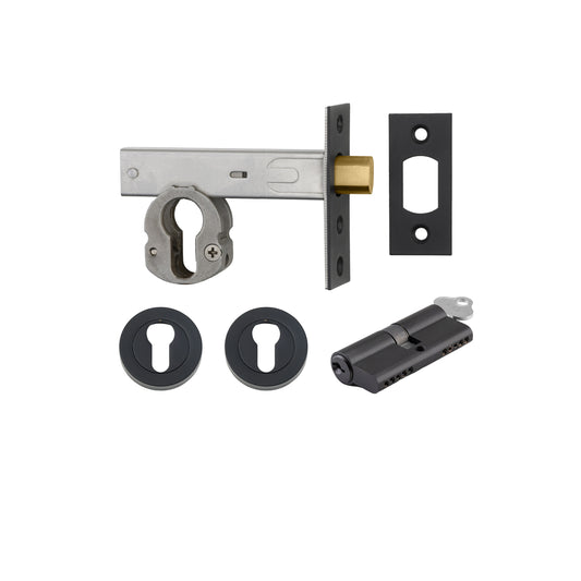 Iver Mortice Deadbolt Euro Matt Black Backset 70mm Key/Key Escutcheon Round Kit