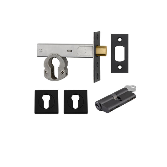 Iver Mortice Deadbolt Euro Matt Black Backset 70mm Key/Key Escutcheon Square Kit