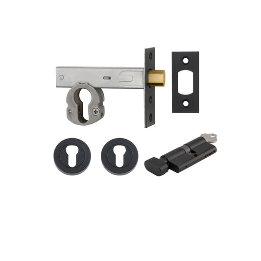 Iver Mortice Deadbolt Euro Matt Black Backset 70mm Key/Thumb Escutcheon Round Kit