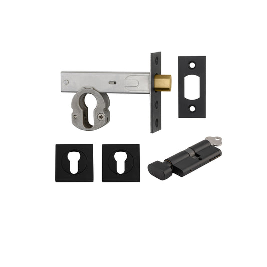 Iver Mortice Deadbolt Euro Matt Black Backset 70mm Key/Thumb Escutcheon Square Kit