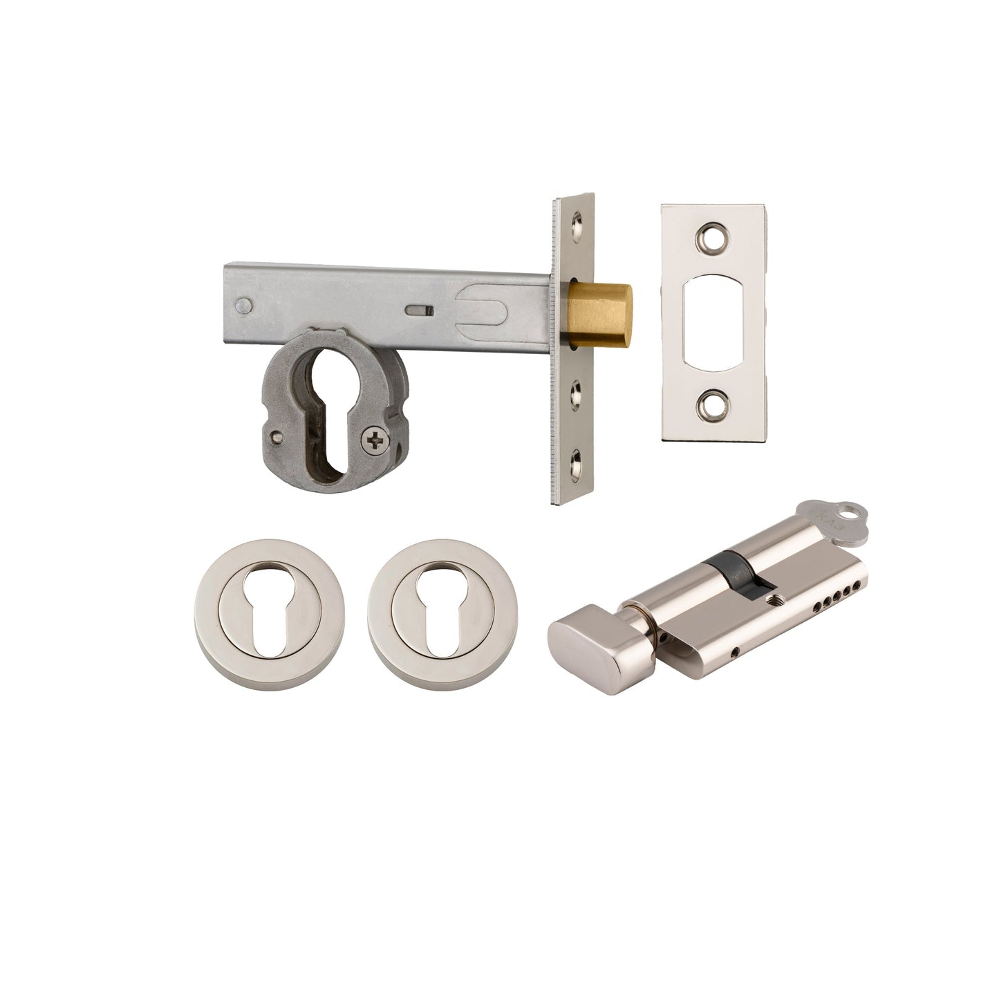 Iver Mortice Deadbolt Euro Polished Nickel Backset 60mm Key/Thumb Escutcheon Round Kit