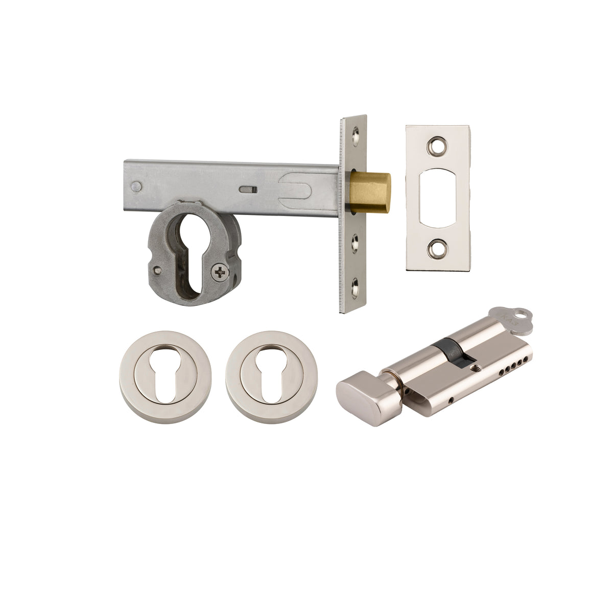 Iver Mortice Deadbolt Euro Polished Nickel Backset 70mm Key/Thumb Escutcheon Round Kit