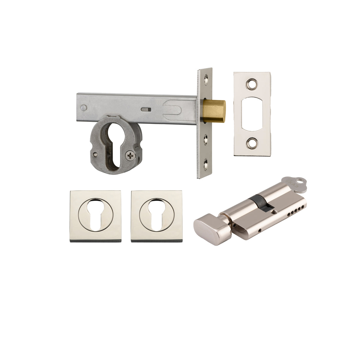 Iver Mortice Deadbolt Euro Polished Nickel Backset 70mm Key/Thumb Escutcheon Square Kit