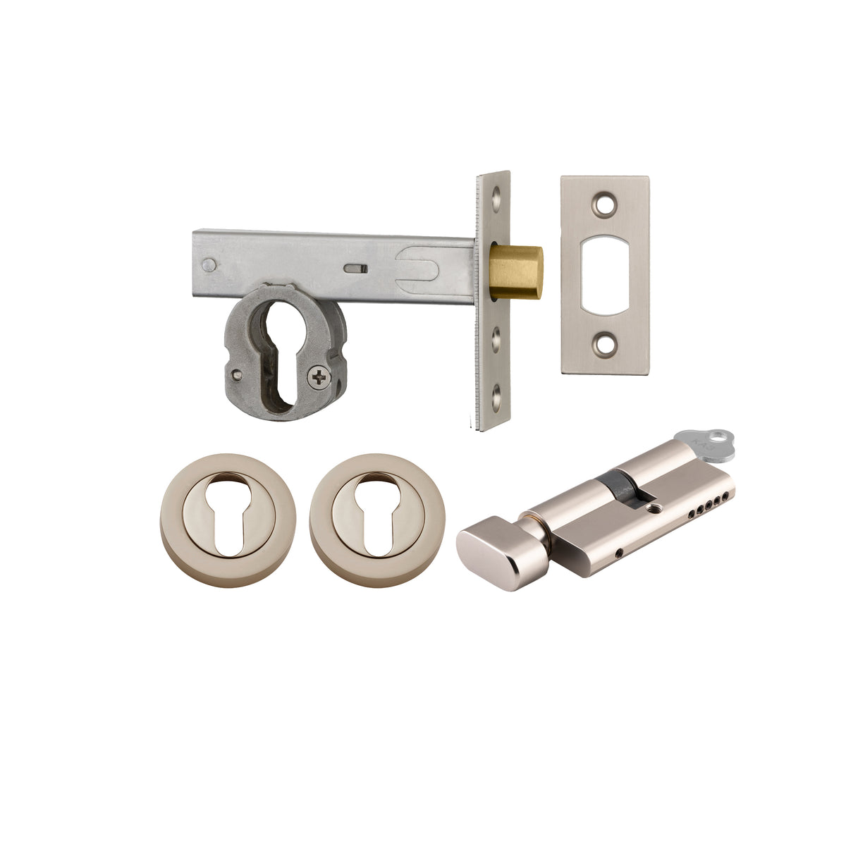 Iver Mortice Deadbolt Euro Satin Nickel Backset 70mm Key/Thumb Escutcheon Round Kit
