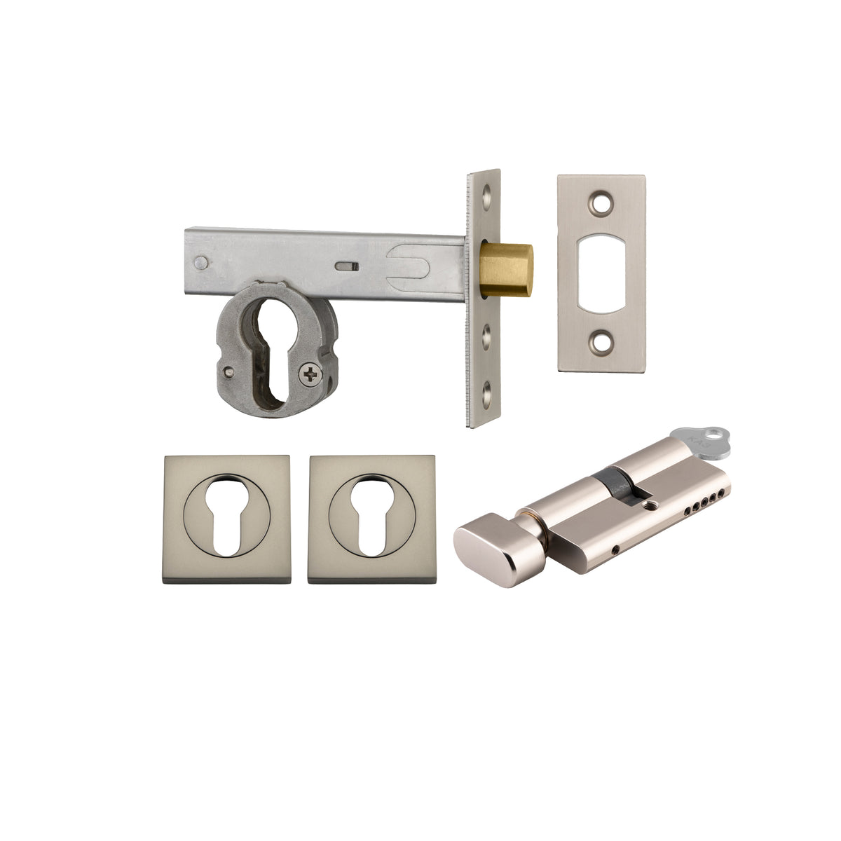 Iver Mortice Deadbolt Euro Satin Nickel Backset 70mm Key/Thumb Escutcheon Square Kit