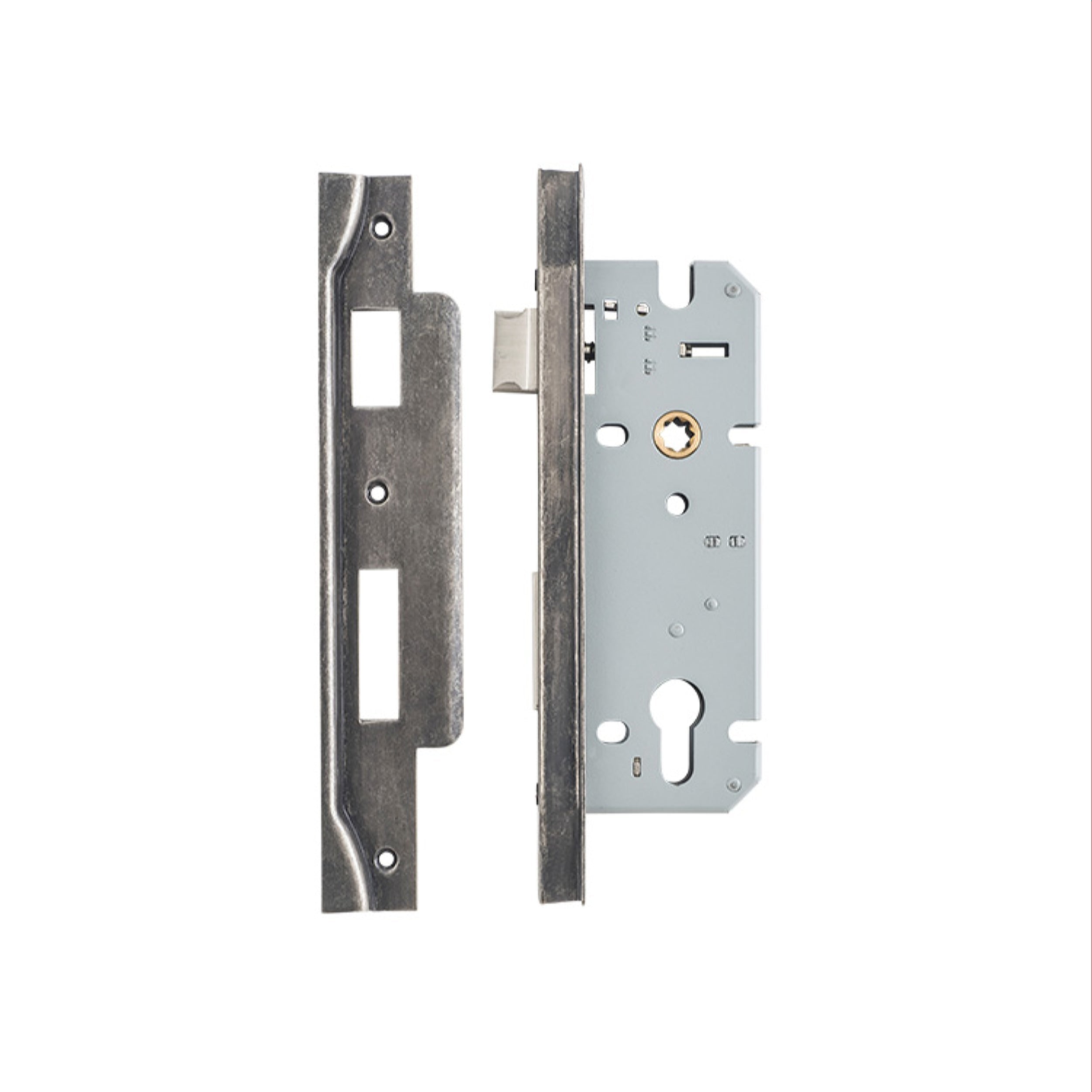 Iver Mortice Lock Euro Rebated Distressed Nickel CTC85mm Backset 45mm