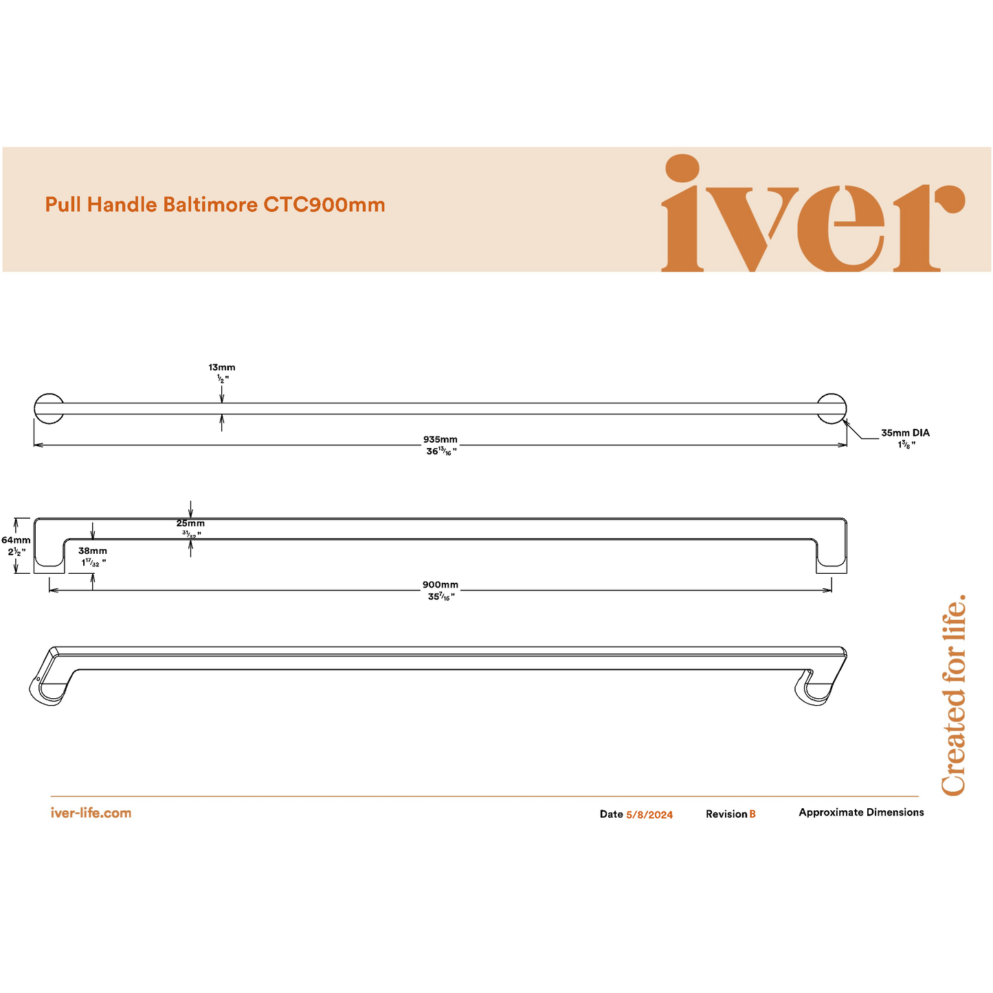 Iver Pull Handle Baltimore Brushed Chrome 935mm