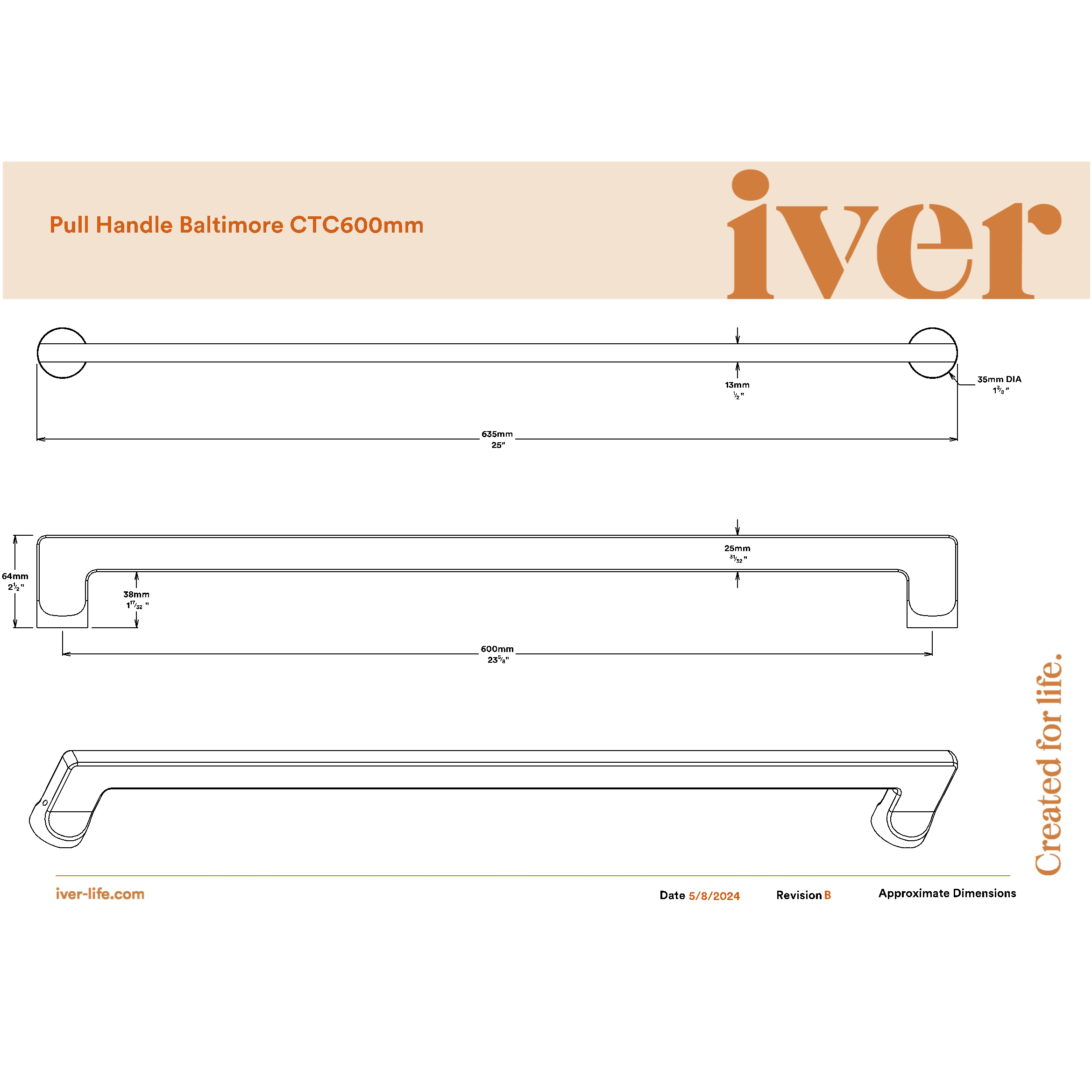 Iver Pull Handle Baltimore Polished Chrome 635mm