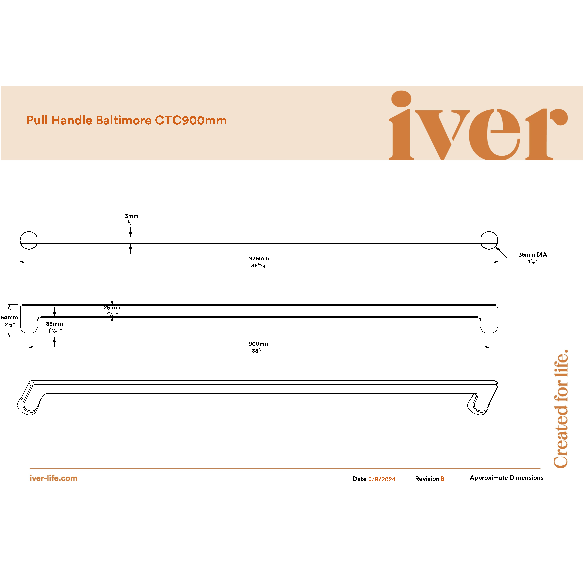 Iver Pull Handle Baltimore Signature Brass 935mm