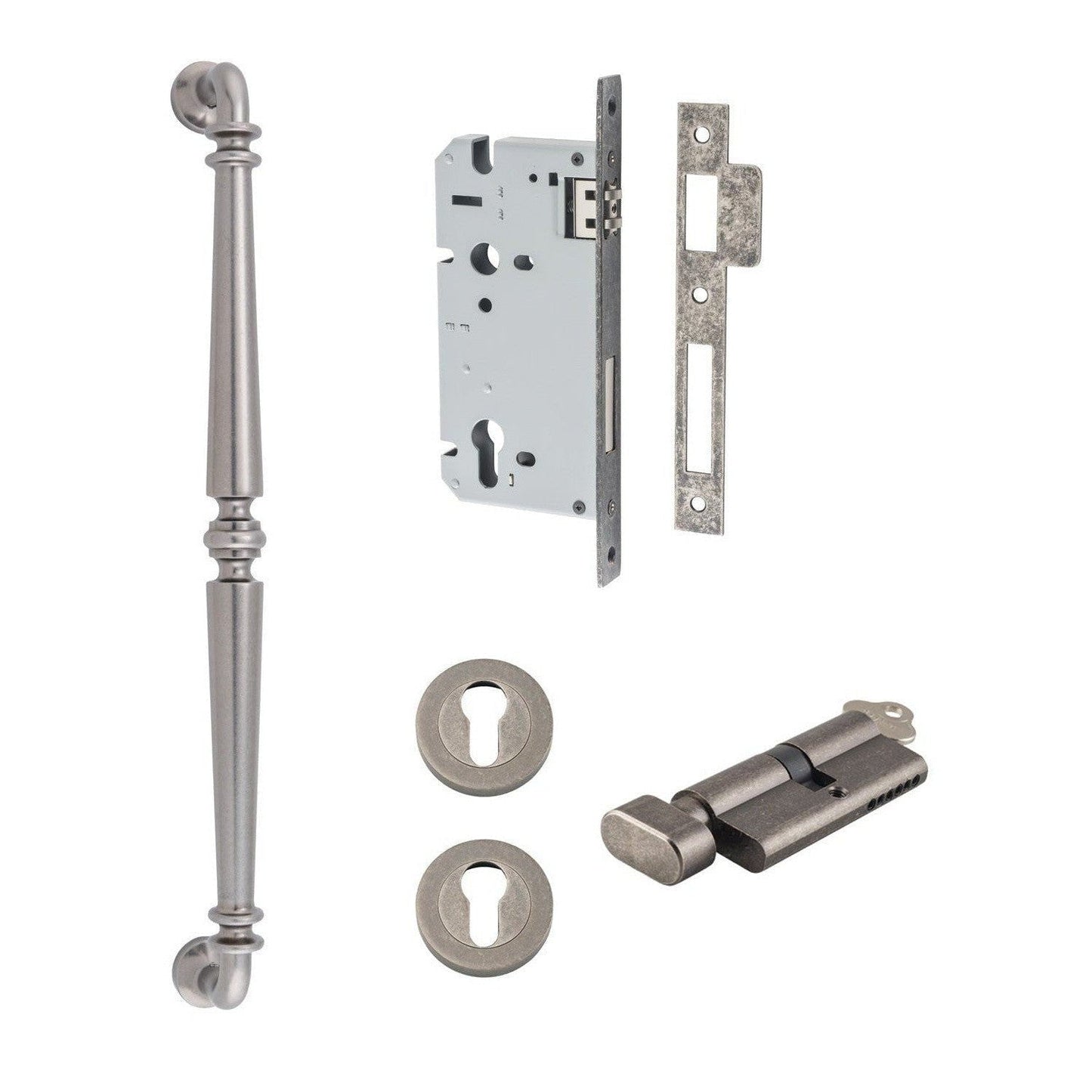 Iver Pull Handle Sarlat Key/Thumb Distressed Nickel L485mm Entrance Kit