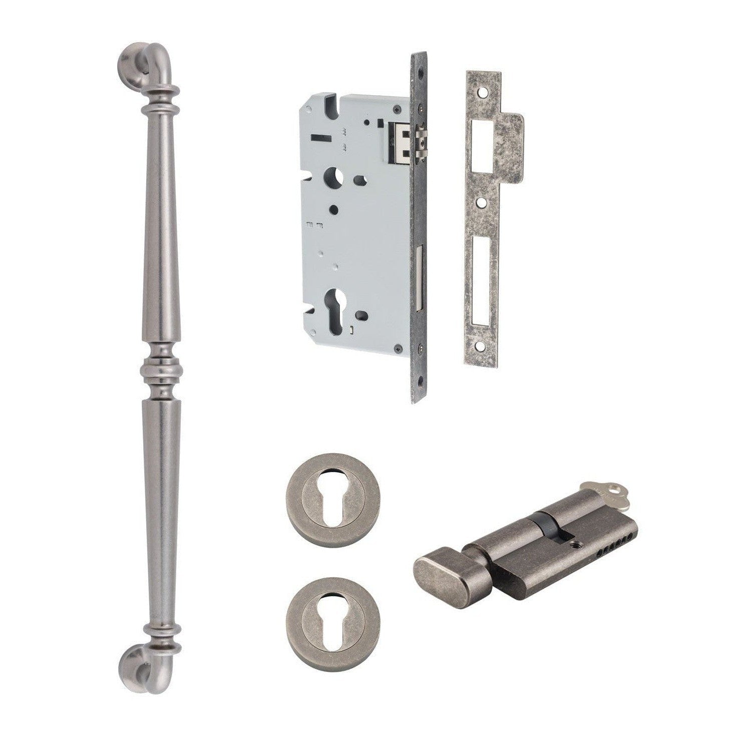 Iver Pull Handle Sarlat Key/Thumb Distressed Nickel L485mm Entrance Kit