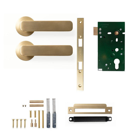 Momo Aspen Door Handle Mortice Lock Passage Set Brushed Satin Brass