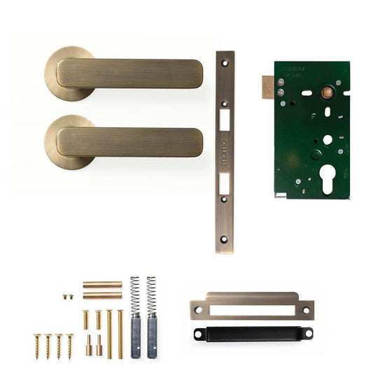Momo Aspen Door Handle Mortice Lock Passage Set Dark Brushed Brass