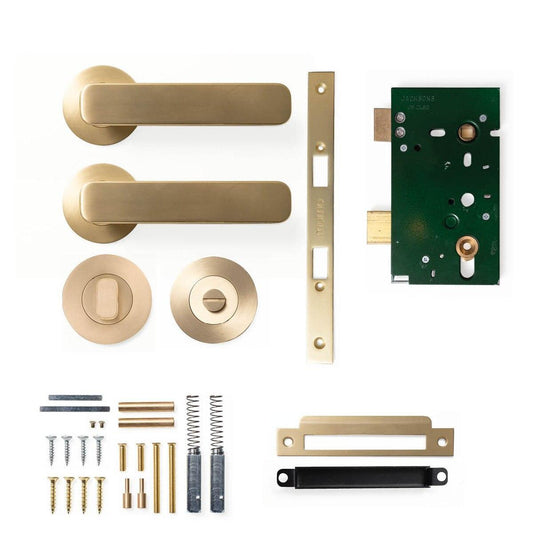 Momo Aspen Door Handle Mortice Lock Privacy Set Brushed Satin Brass