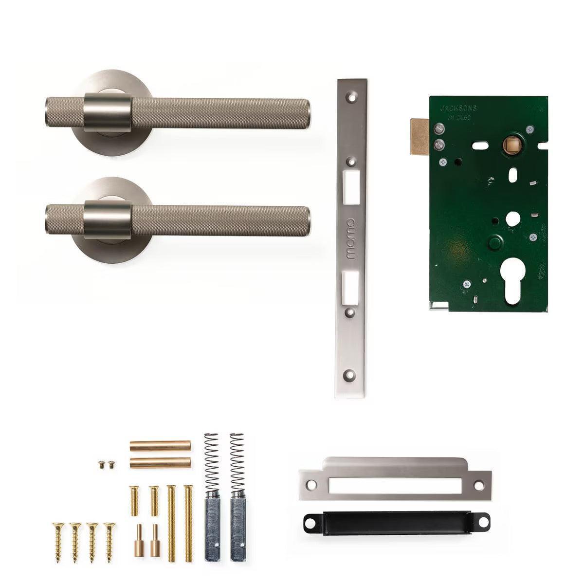 Momo Belgravia Door Handle Mortice Lock Passage Set Dull Brushed Nickel