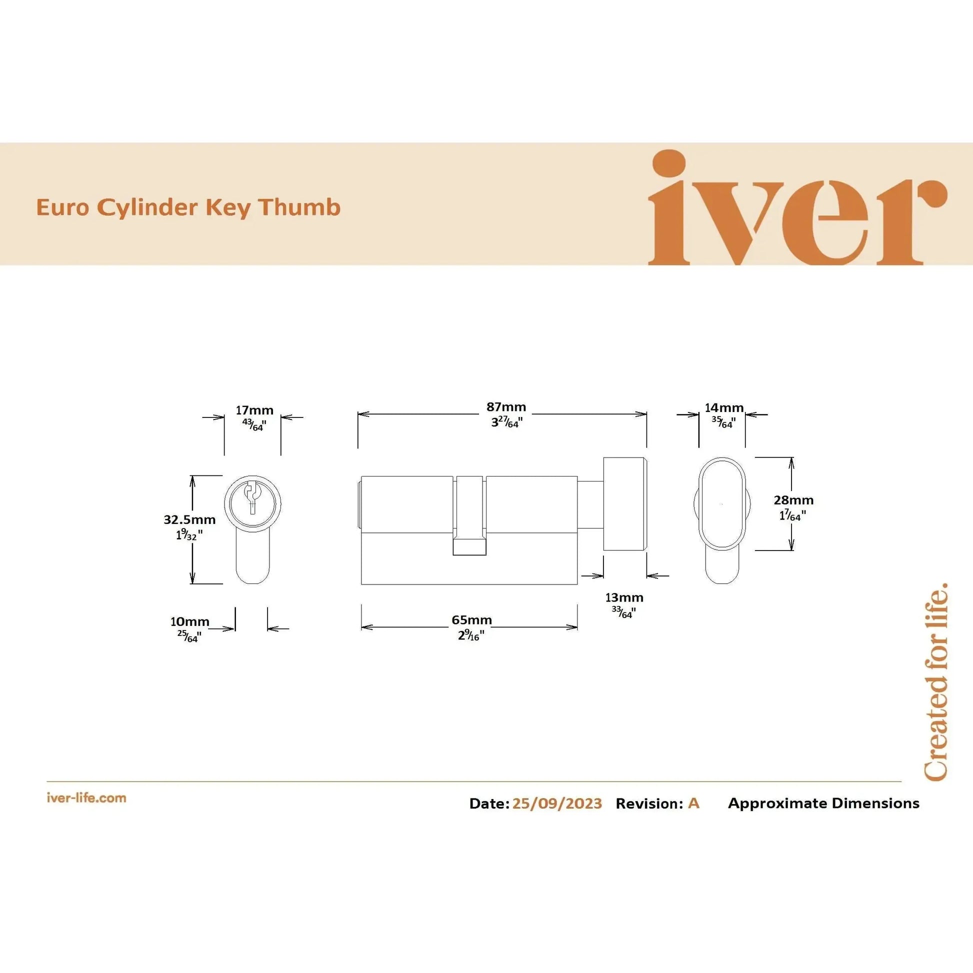 SDG Euro Cylinder Key Thumb 5 Pin Brushed Gold PVD L65mm