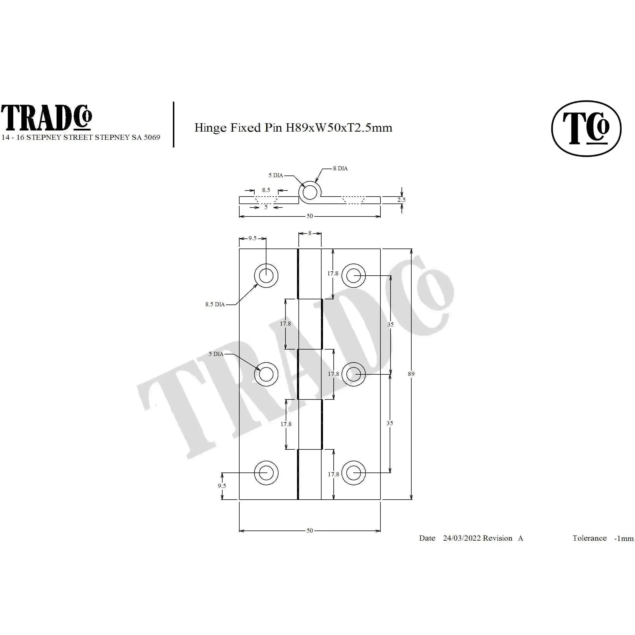 SDG Hinge Fixed Pin Rumbled Nickel W50mm