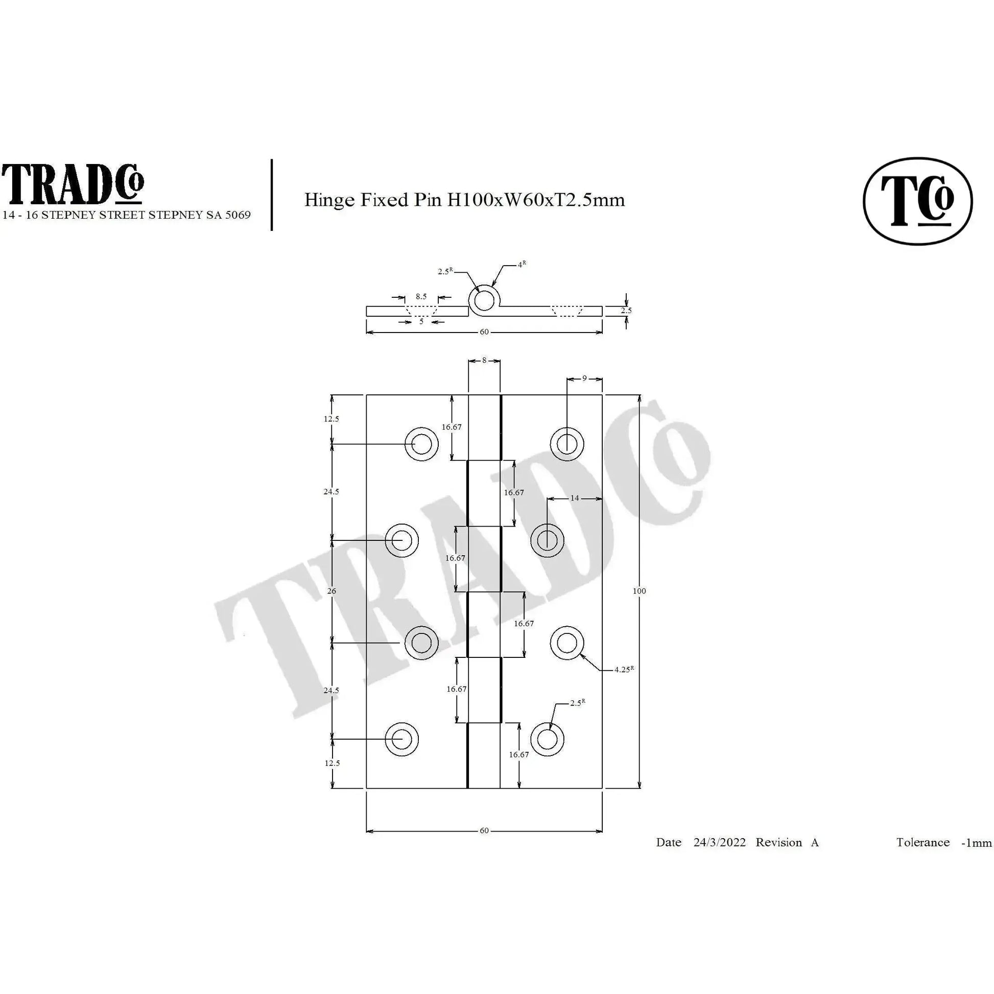 SDG Hinge Fixed Pin Rumbled Nickel W60mm