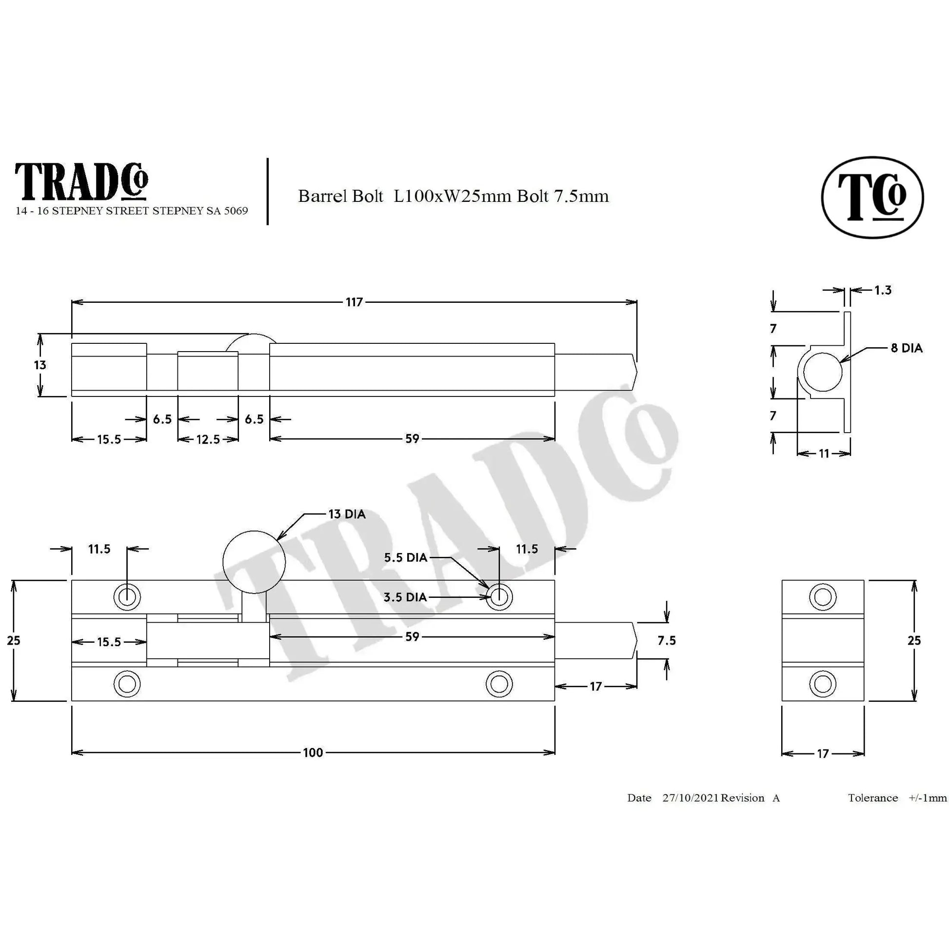 Tradco Barrel Bolt Chrome Plated L100mm