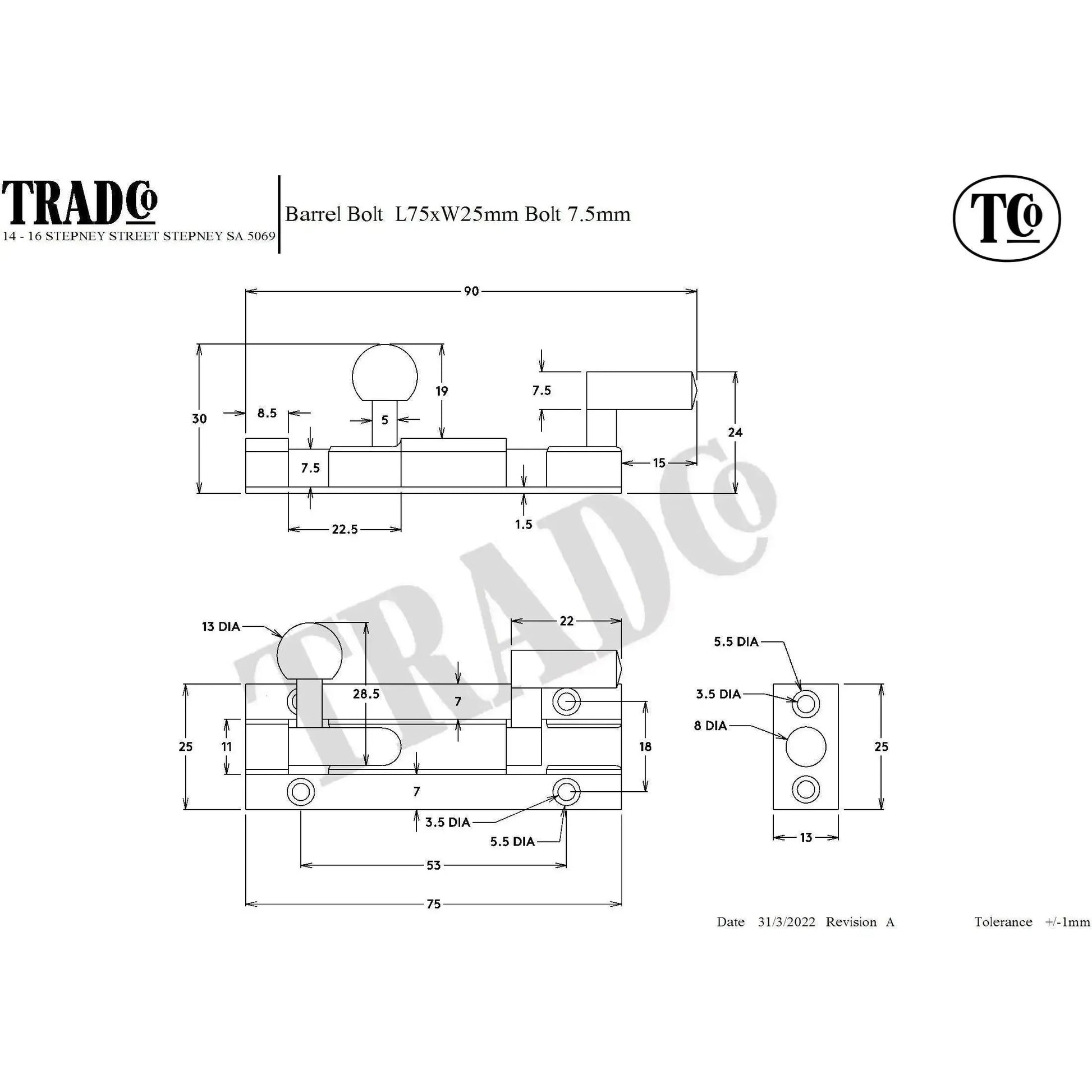 Tradco Barrel Bolt Offset Matt Black L75mm