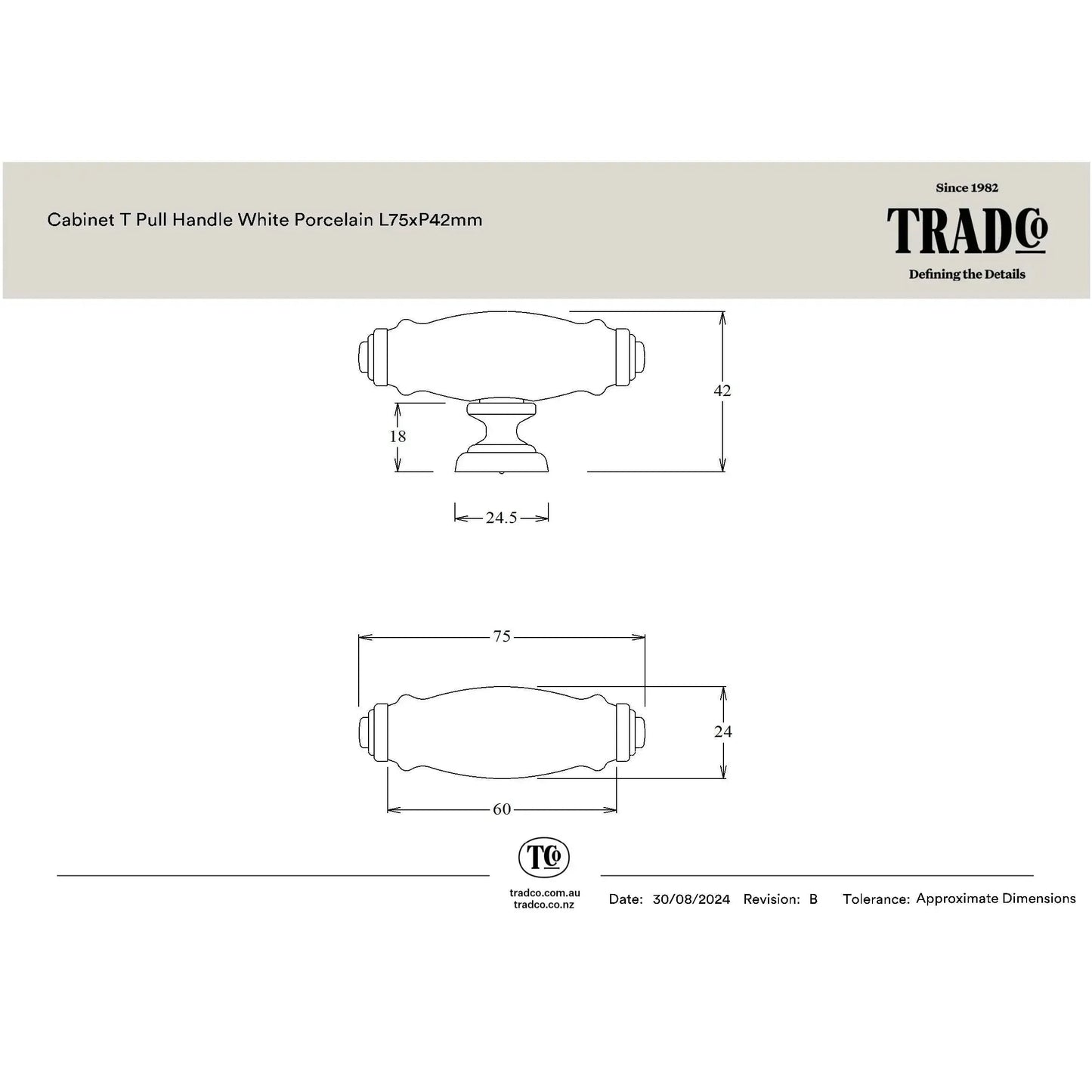 Tradco Cabinet Pull Handle White Porcelain Antique Brass L75xP42mm
