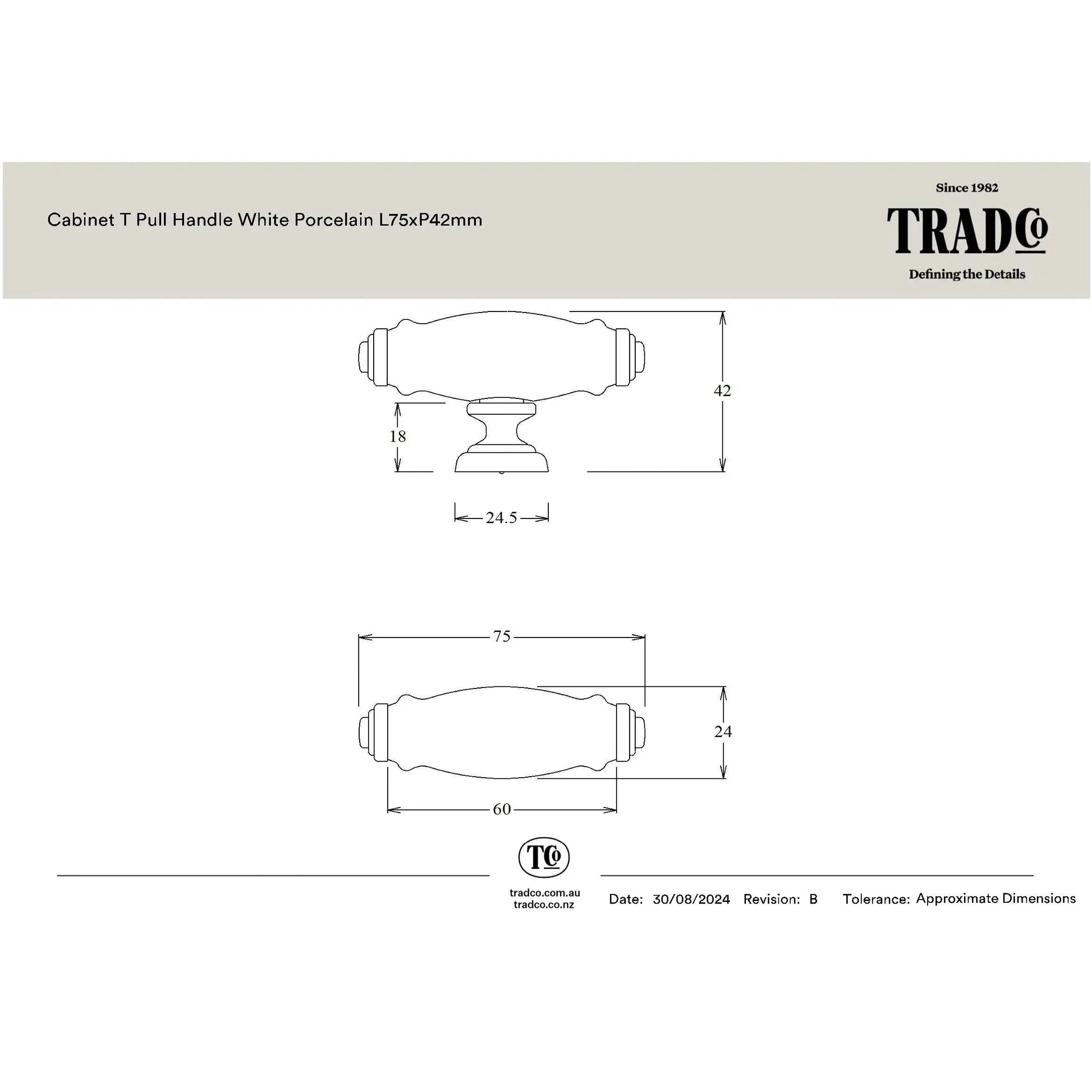 Tradco Cabinet Pull Handle White Porcelain Antique Brass L75xP42mm
